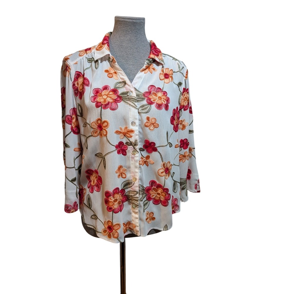 Alfred Dunner Petite M Floral Embroidered Button Catalina Island Boho Coastal